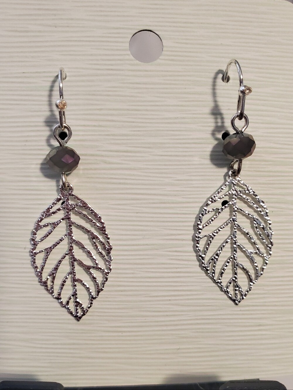 Silver Leaf Dangle Earrings with Bead